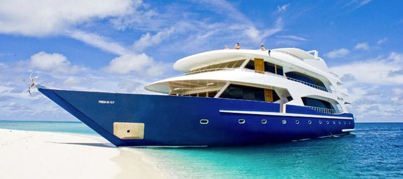 Duke of York liveaboard is known for space and comfort, taking divers to iconic sites like Fish Head and Kandooma Thila for reef sharks, eagle rays, and soft coral slopes