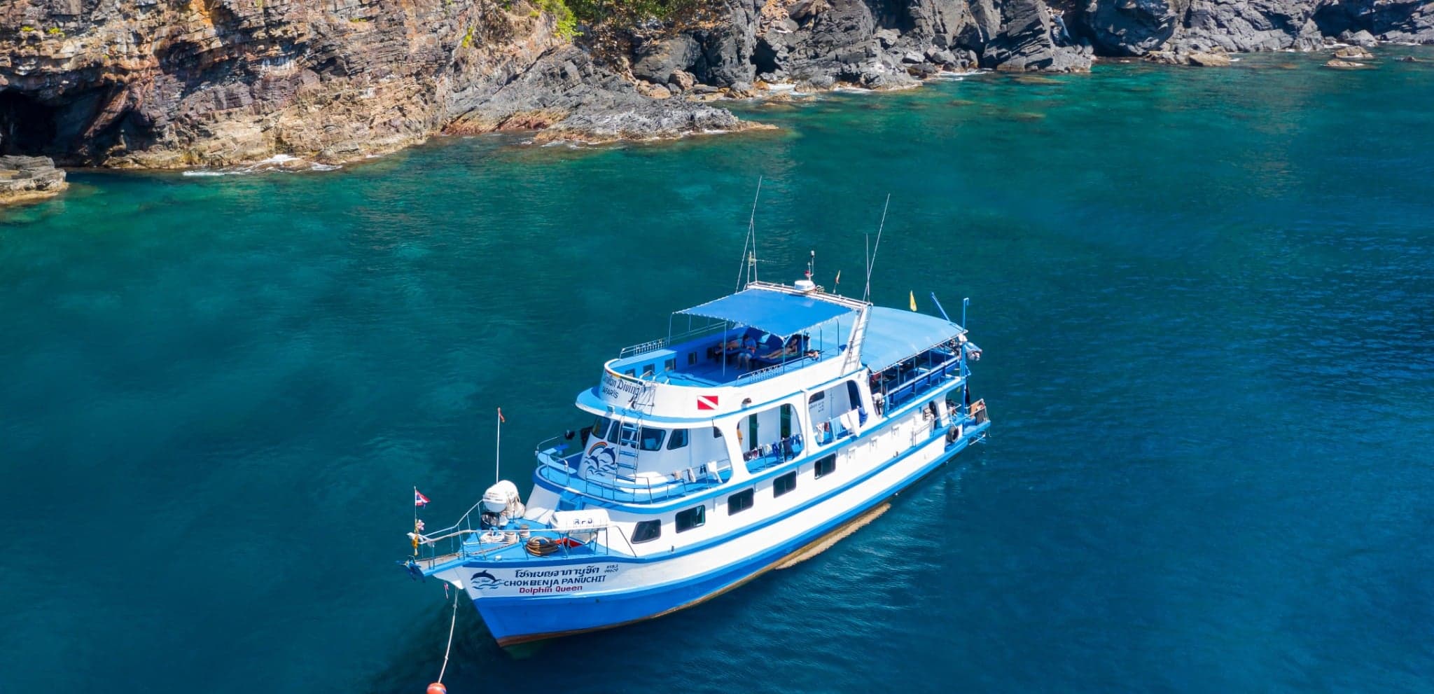 Compact and friendly, Dolphin Queen explores Thailand’s Similan and Surin Islands, where leopard sharks, nudibranchs, and giant trevallies roam thriving reefs