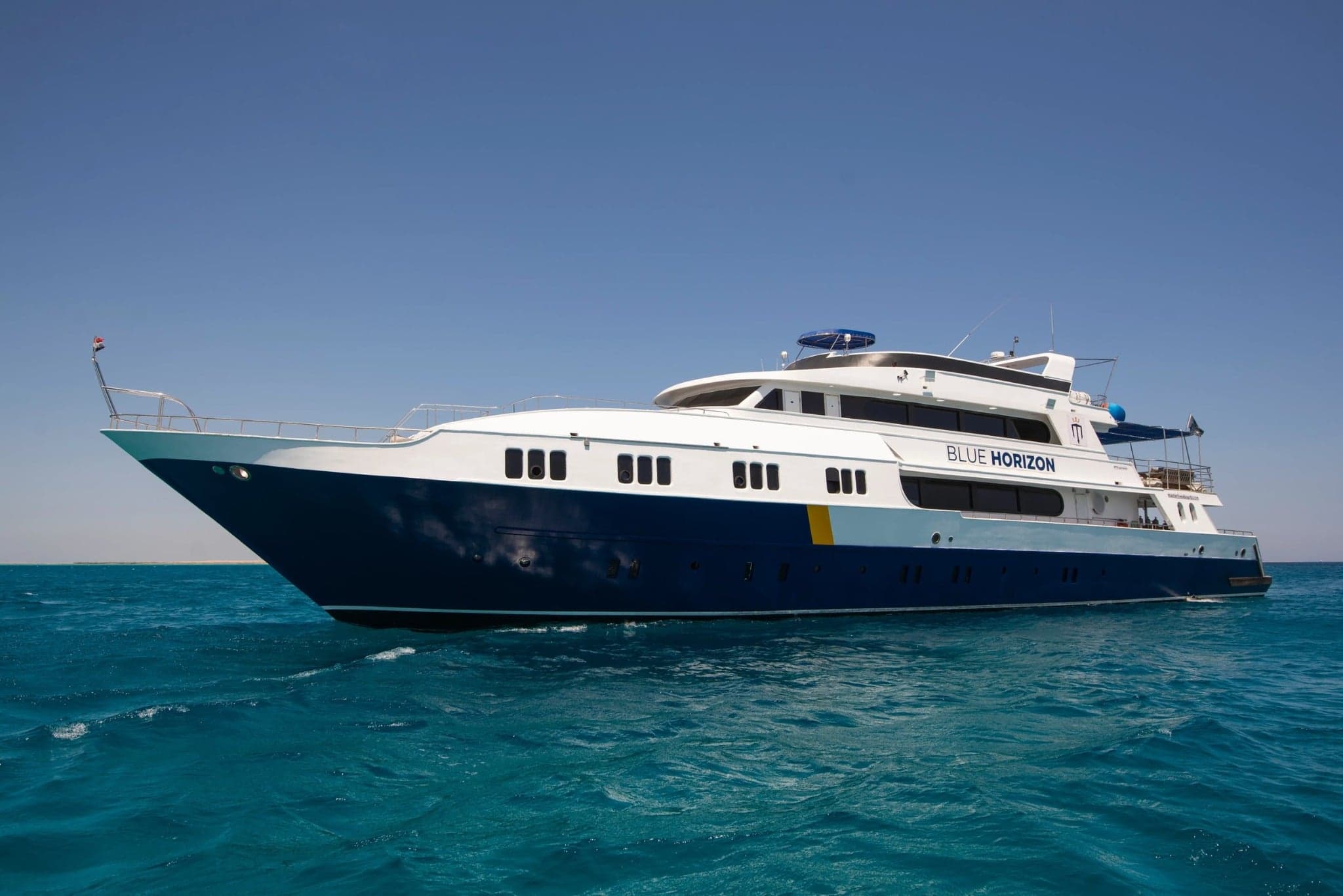 Blue Horizon is sleek, spacious, and dive-focused. Its itineraries hit iconic Red Sea sites like the SS Thistlegorm and Ras Mohammed, with plenty of reef shark action offshore