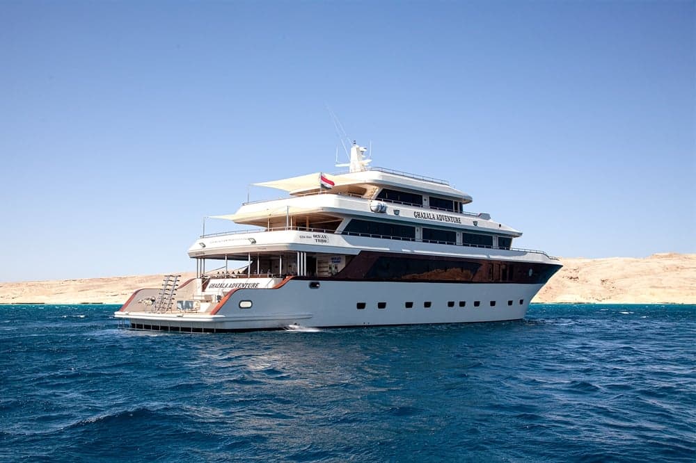 Ghazala Adventure liveaboard Egypt blends comfort and functionality for Red Sea diving. Dive iconic sites like Daedalus and Ras Mohamed with steady support, spacious decks, and a diver-focused design