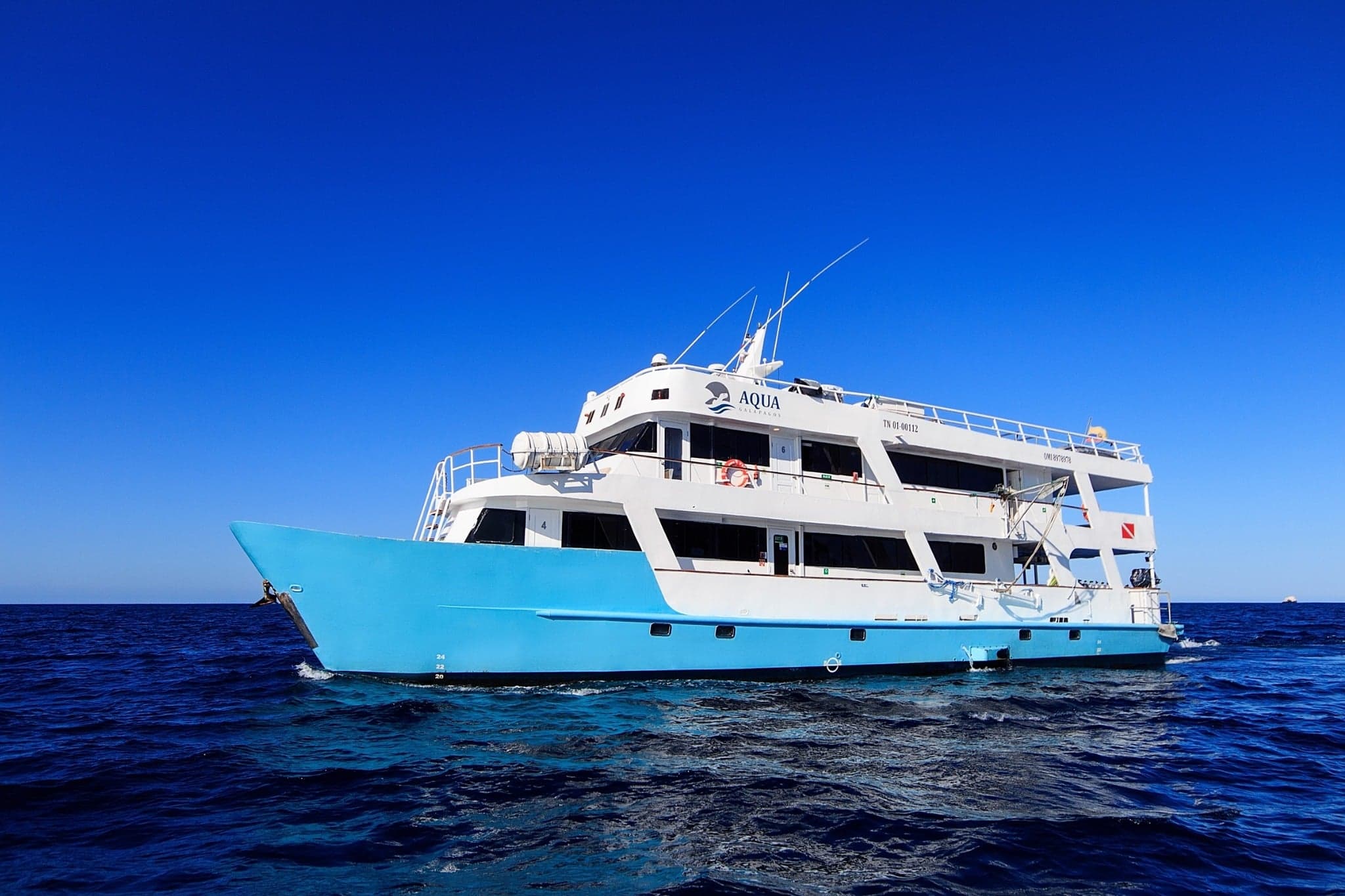 Galapagos Aqua navigates the islands of Darwin and Wolf, where schooling hammerheads, whale sharks, and pristine coral walls create breathtaking dive experiences