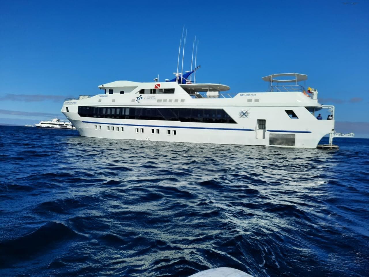 Tiburon Explorer, a 16-passenger vessel, navigates the Galapagos Islands, providing divers with opportunities to encounter hammerhead sharks, marine iguanas, and manta rays at sites like Darwin and Wolf
