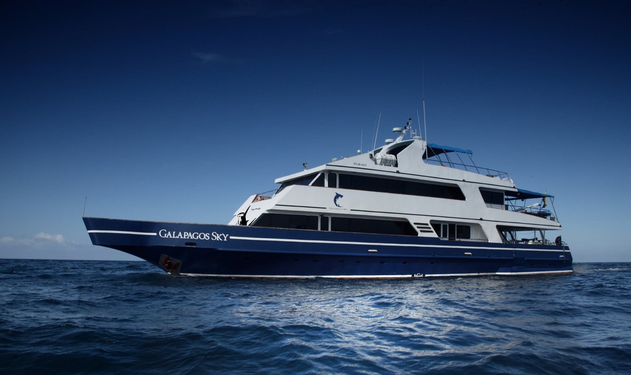 Galapagos Sky explores the remote northern islands of Darwin and Wolf, where hammerhead sharks, whale sharks, and marine iguanas await in one of the world’s wildest dive settings