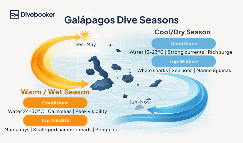 An infographic comparing Galápagos dive seasons: the Warm Season (Dec–May) featuring 24-30°C water with manta rays and hammerheads, and the Cool Season (Jun–Nov) with 15-23°C water, whale sharks, and sea lions.