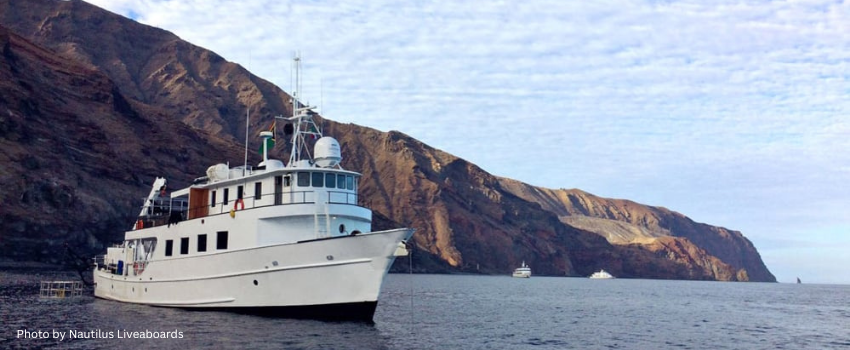 best Mexico liveaboards Photo by Nautilus Liveaboards A white Nautilus liveaboard vessel anchored in a calm bay against a backdrop of rugged, volcanic mountains at a Socorro Island dive site in Mexico.