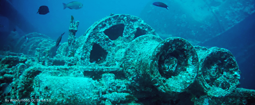 SS Thistlegorm Coral-encrusted machinery and gear wheels among the wreckage of the SS Thistlegorm in the Red Sea.