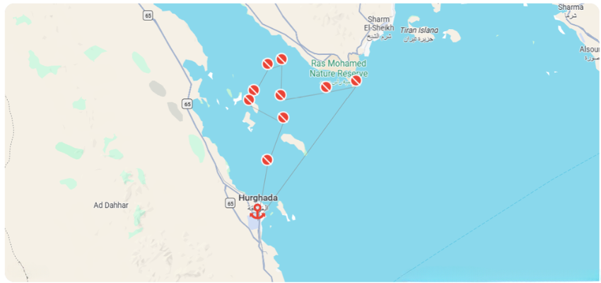 emperor elite route 1 Map of a liveaboard route showing wreck dive site stops between Hurghada and Ras Mohammed Nature Reserve.