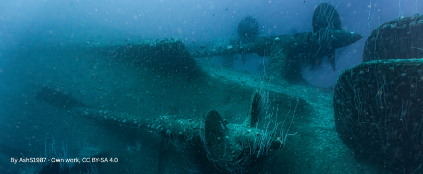 The upside down wreck and propellers of WW2 IJN Nagato battleship on the seabed of Bikini Atoll in the Marshall Islands