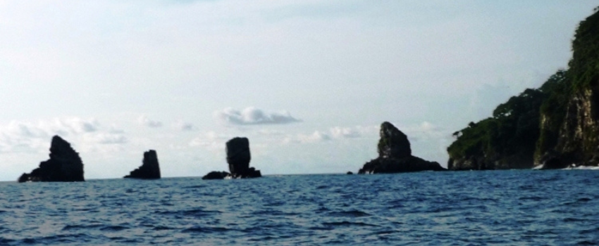 The "Los Moais" sea stacks at Cocos Island, Costa Rica. These vertical rock formations are named for their resemblance to the famous monolithic statues on Easter Island. They serve as a vital oceanic waypoint for marine life, often acting as cleaning stations where sharks and rays congregate.