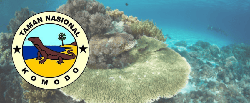 Official Komodo National Park logo over a coral reef, representing the mandatory SiOra app booking system for 2026 park permits 