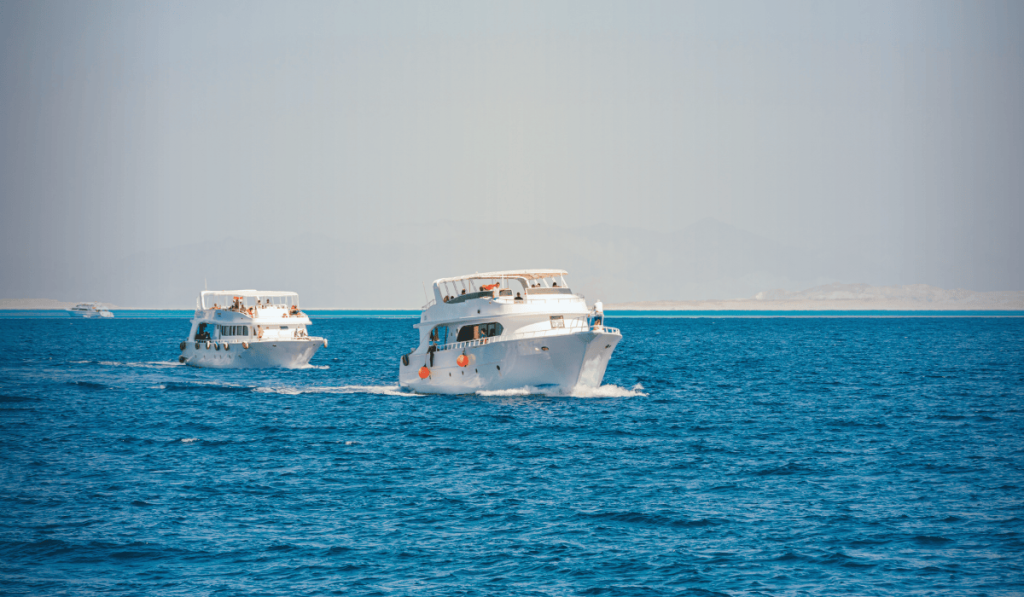 Two white liveaboard dive boats cruising on blue water, representing fleets with fixed fuel pricing and no hidden fees for the 2026 scuba season