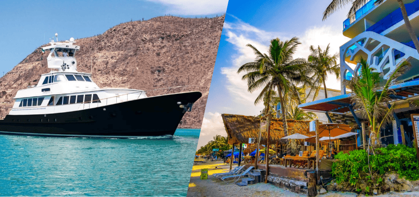 Split-screen comparison of a luxury Mexico scuba diving liveaboard boat at sea and a beachfront resort with palm trees, illustrating the choice between liveaboard and land-based diving trips.