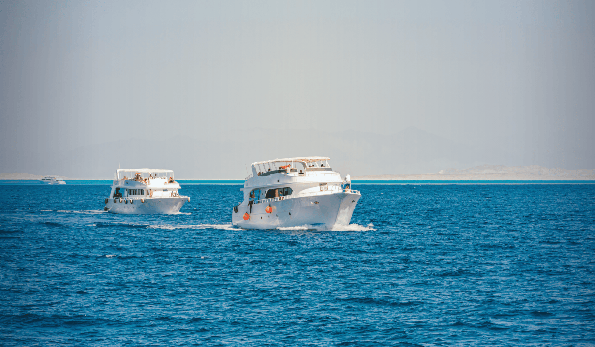 Two white liveaboard dive boats cruising on blue water, representing fleets with fixed fuel pricing and no hidden fees for the 2026 scuba season