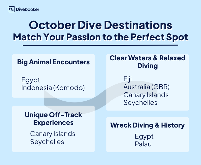 An informational graphic titled 'October Dive Destinations: Match Your Passion to the Perfect Spot.