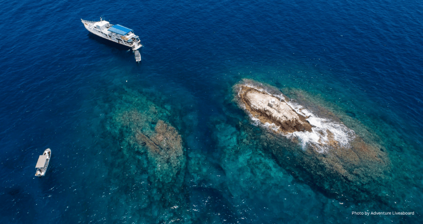Aerial view of a dive liveaboard vessel and a smaller panga boat anchored near the sheer rock walls of Roca Partida in the Revillagigedo Archipelago. 