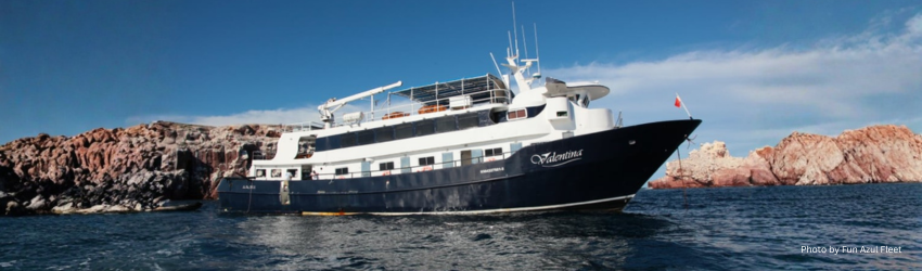Side profile of the Valentina liveaboard vessel at sea, a boat recognized for its exceptional onboard Mexican and international cuisine. 