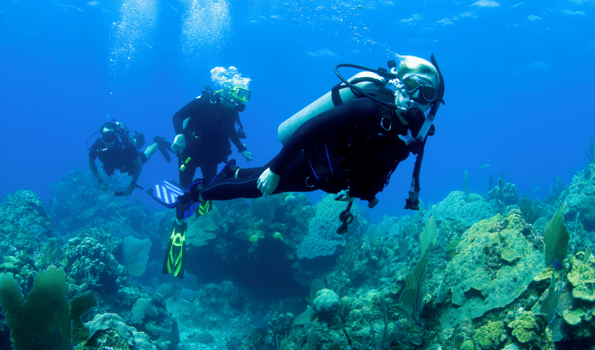 Diver in the Bahamas Three scuba divers swimming in the deep blue ocean abyss of the Bahamas.