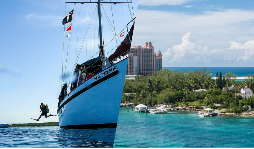 How to Experience the Bahamas Liveaboards vs. Diving Resorts Split screen graphic comparing a luxury dive liveaboard boat floating on the open sea with a tropical beachfront diving resort in the Bahamas.