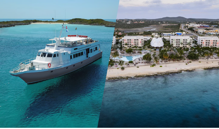 A split-screen image showing a white liveaboard dive boat (the Bahamas Aggressor) anchored in turquoise water on the left, and Caribbean land-based coastal resort with palm trees and a swimming pool on the right. 