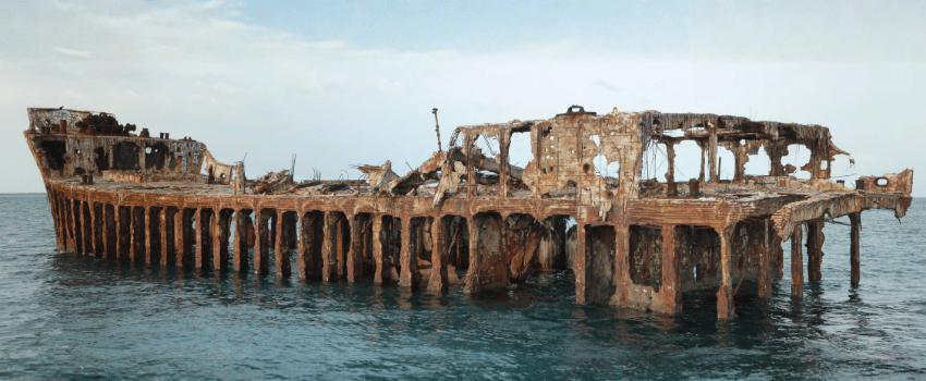 Panoramic photo of the SS Sapona shipwreck off the coast of Bimini, The Bahamas. Taken Aug 19, 2009 By Compsciscubadive.