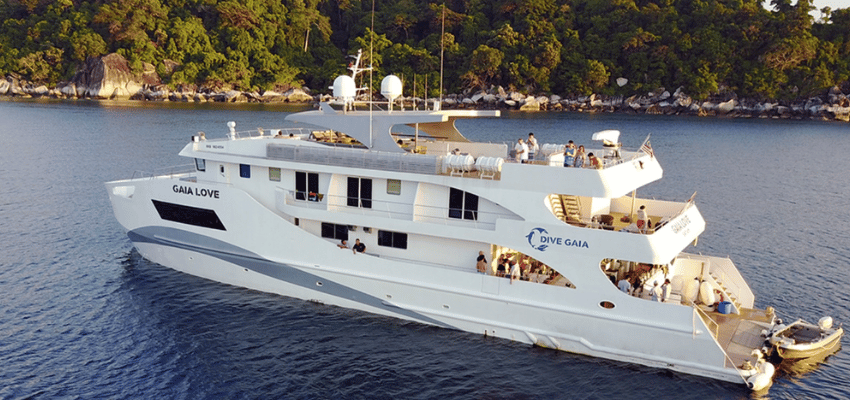 Gaia Love Liveaboard, Indonesia Modern 4-deck steel-hulled luxury megayacht Gaia Love cruising the deep waters of the Banda Sea.