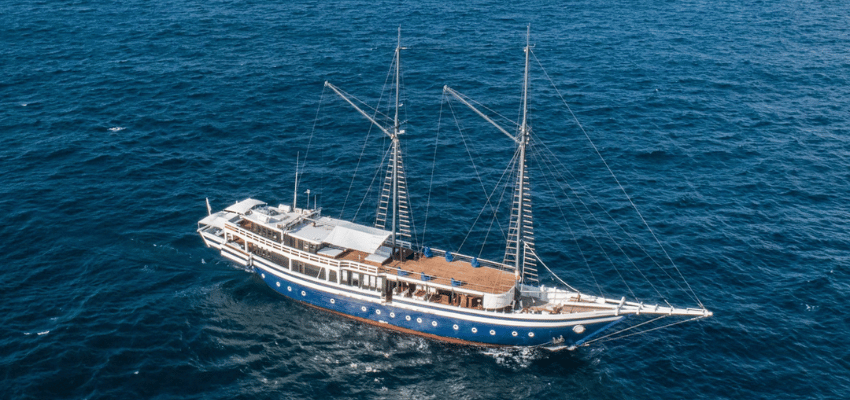 Scubaspa Zen Liveaboard Indonesia Massive 53-meter twin-masted luxury liveaboard Scubaspa Zen anchored in Indonesia.