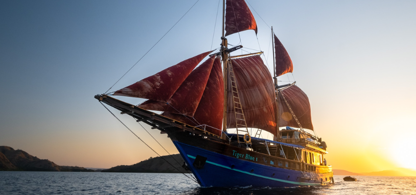 Tiger Blue Liveaboard Indonesia Traditional ironwood Phinisi Tiger Blue sailing through the deep blue waters of Komodo National Park.