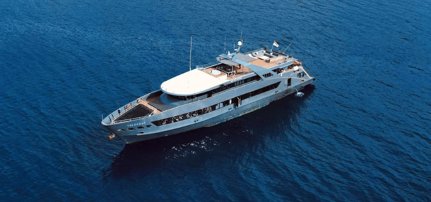 Velocean Liveaboard Indonesia Sleek, high-speed aluminum luxury megayacht Velocean cruising at high speed.