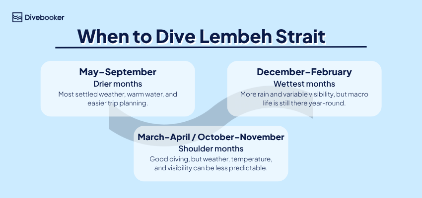 Divebooker seasonal infographic titled "When to Dive Lembeh Strait." It features three sections: May to September describes the drier months; March–April and October–November highlight the shoulder months; December to February covers the wettest months
