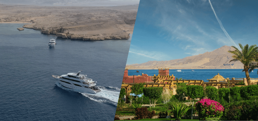 liveaboard-vs-land-based-red-sea-diving Split screen showing a white dive liveaboard vessel at sea and a coastal land-based holiday resort
