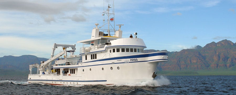Argo offers deep-sea thrills at Cocos Island, complete with a custom submersible onboard. Expect hammerhead clouds, tiger sharks, and steep drop-offs covered in life