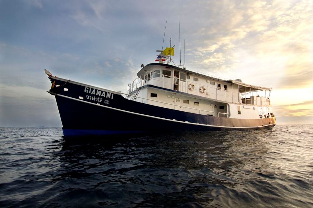 With a max of 10 guests, Giamani offers a cozy way to explore Thailand’s Similan and Surin Islands. Expect reef sharks, leopard sharks, and macro life in well-paced dive itineraries