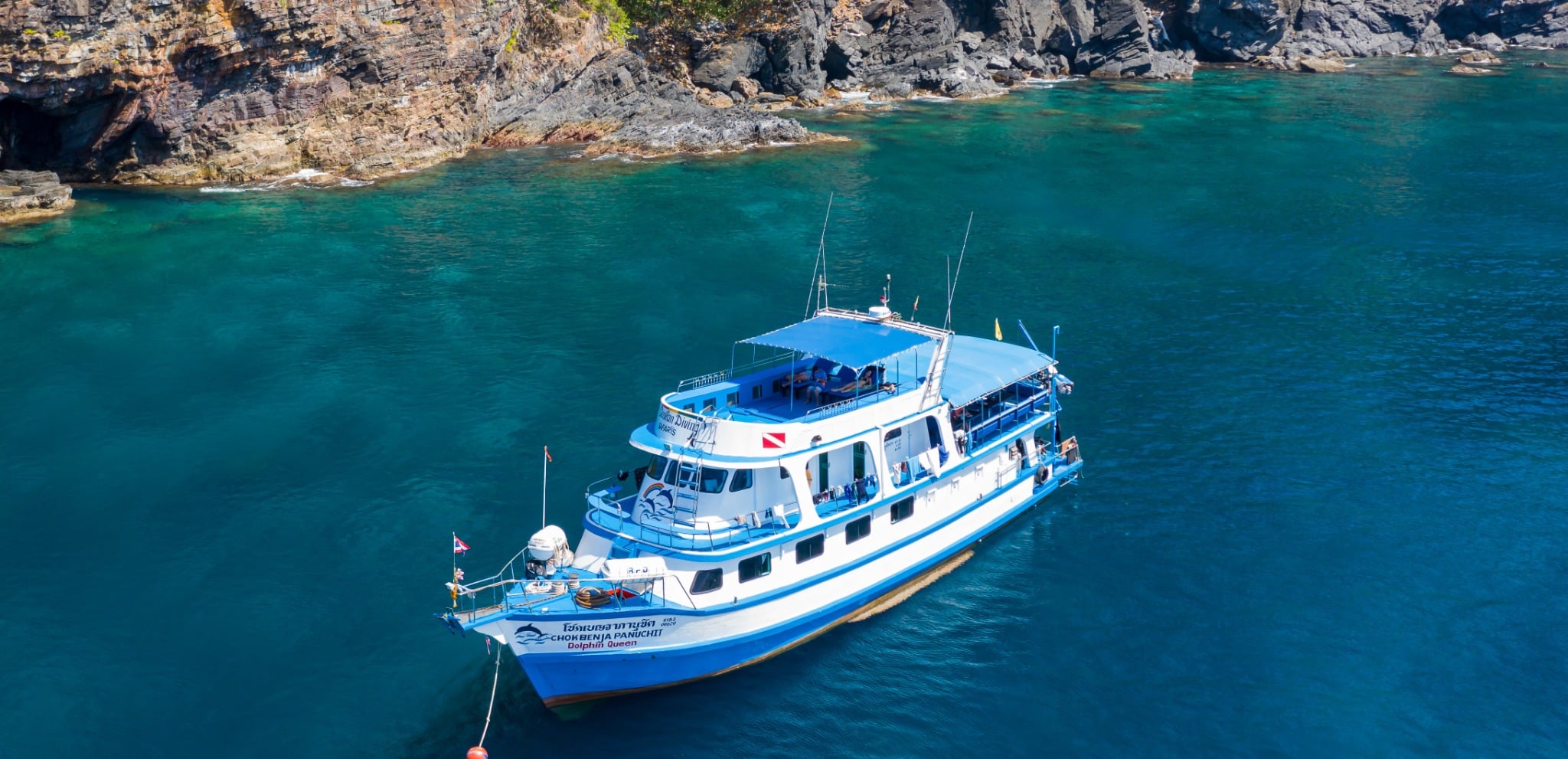 Compact and friendly, Dolphin Queen explores Thailand’s Similan and Surin Islands, where leopard sharks, nudibranchs, and giant trevallies roam thriving reefs