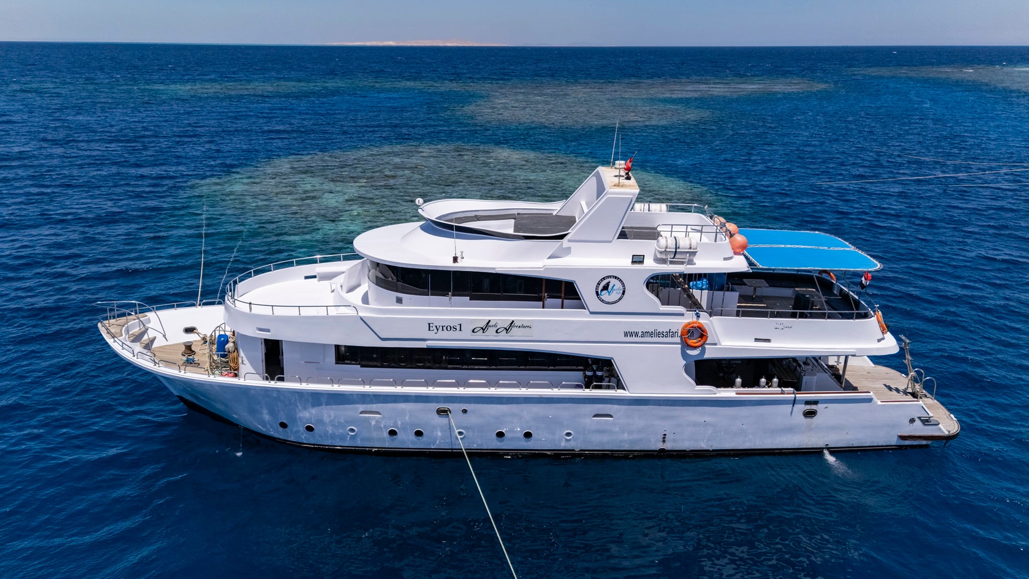 Amelie Adventures liveaboard offers intimate Red Sea diving for 16 guests, featuring free nitrox, a dedicated camera station, and spacious sun decks. Explore Egypt's vibrant reefs and wrecks on 3 to 7-night itineraries