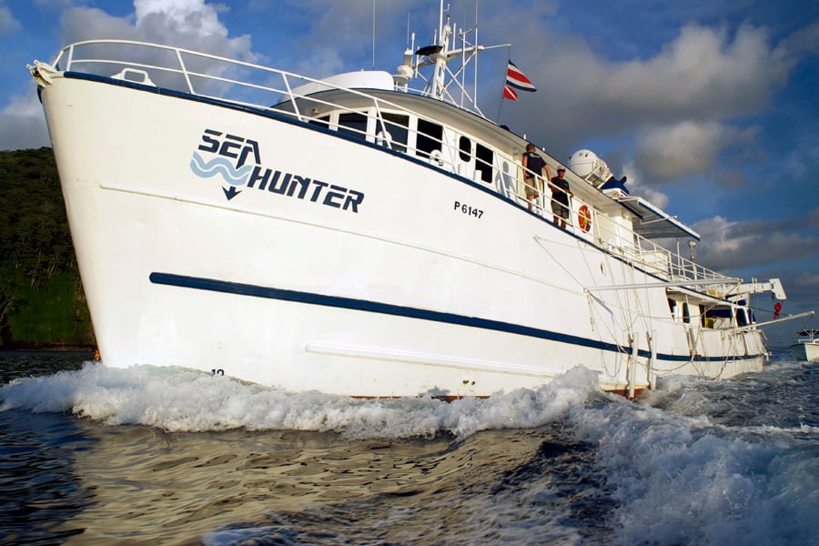 Sea Hunter pairs technical capability with high-comfort diving at Cocos Island. Its twin zodiacs, camera stations, and experienced crew make it ideal for pelagic seekers