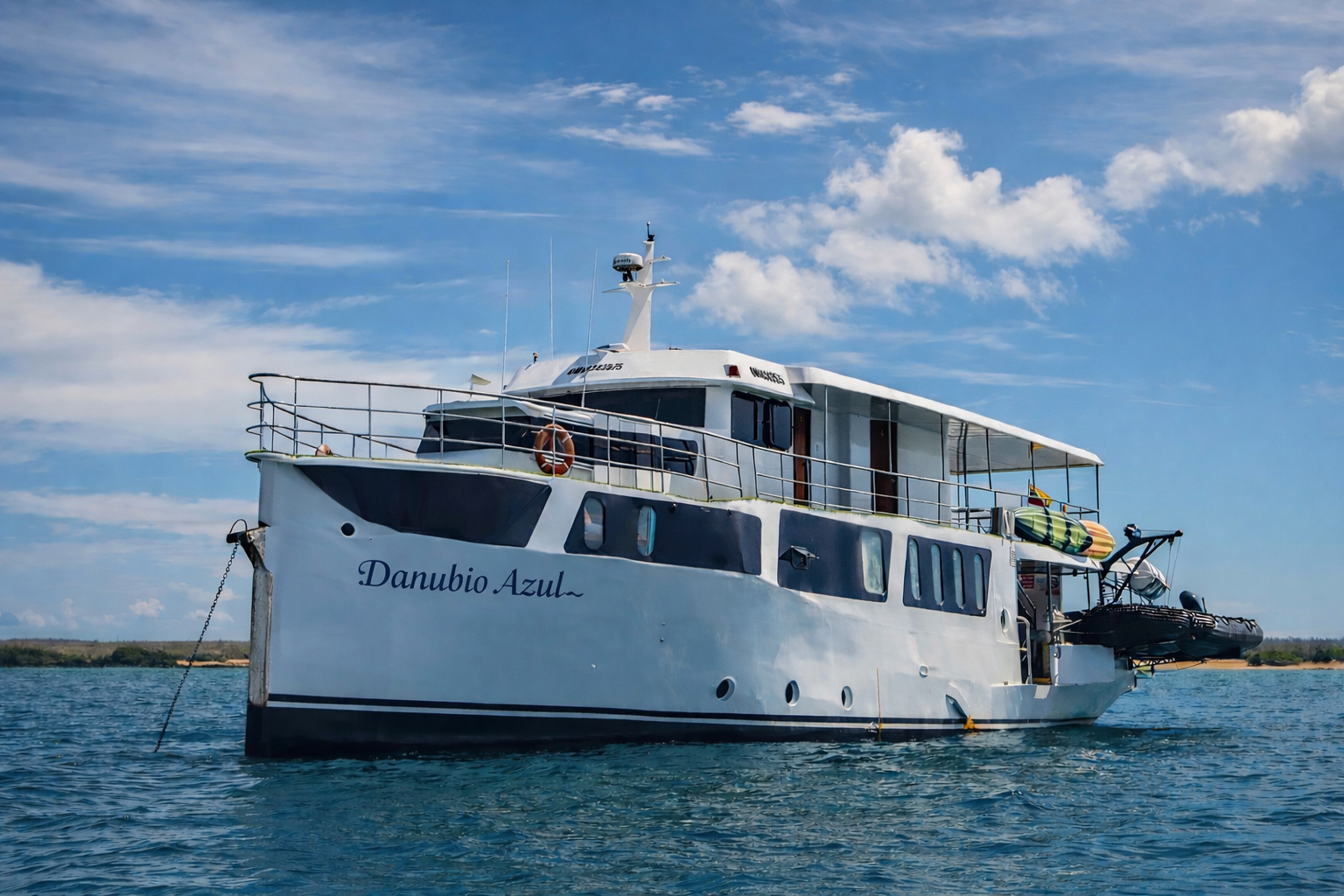 Danubio Azul cruises the Galapagos Islands, diving Wolf and Darwin where hammerhead sharks, whale sharks, and sea lions create unforgettable underwater encounters
