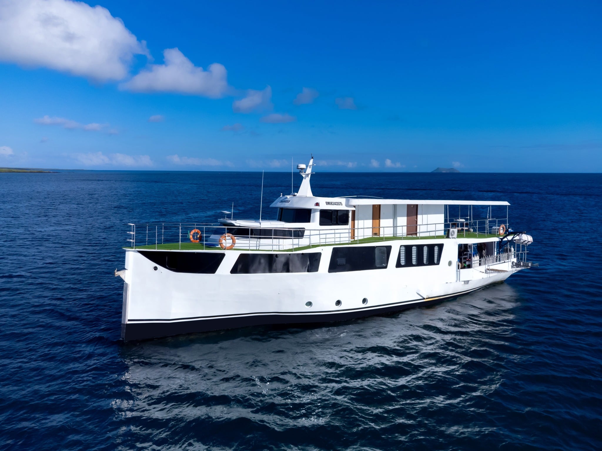Danubio Azul cruises the Galapagos Islands, diving Wolf and Darwin where hammerhead sharks, whale sharks, and sea lions create unforgettable underwater encounters