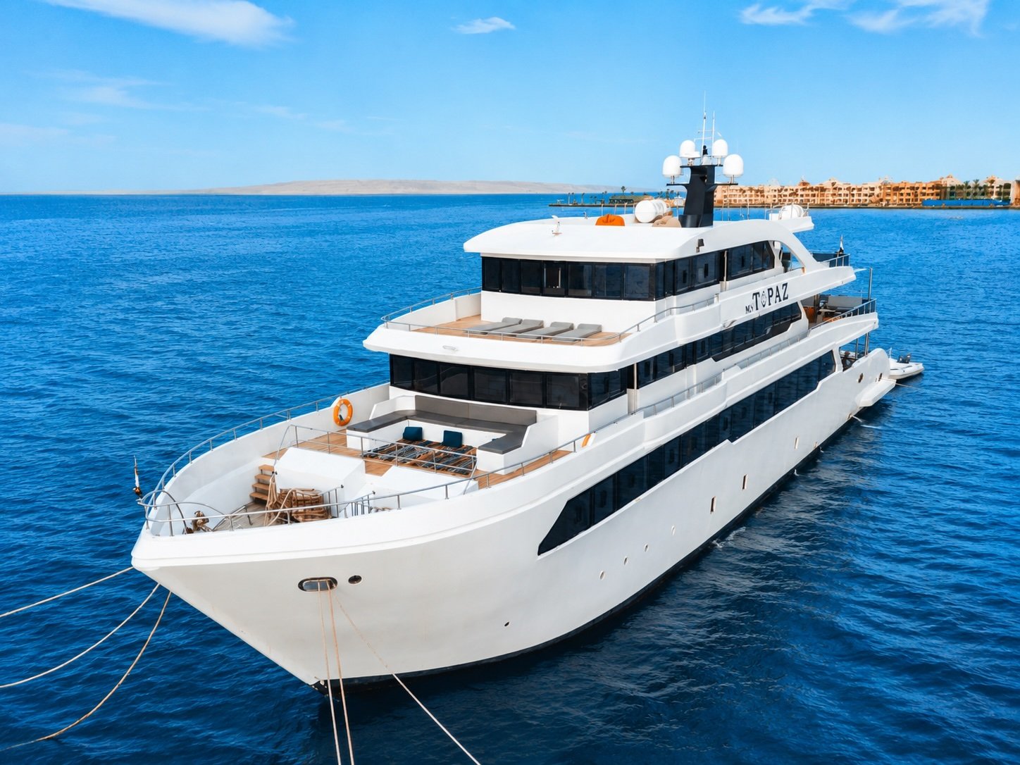Topaz liveaboard is a 41m yacht exploring Egypt's Red Sea with scuba diving, kite surfing, and dolphin sightings. Enjoy modern suites, open-air lounges, and land excursions in comfort and space
