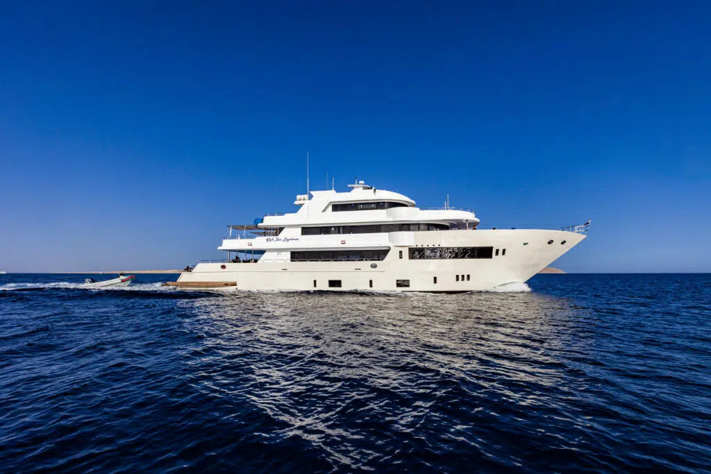 Red Sea Explorer is purpose-built for southern itineraries. Divers encounter hammerheads at Daedalus, drift along Elphinstone, and enjoy colorful coral gardens at Fury Shoals